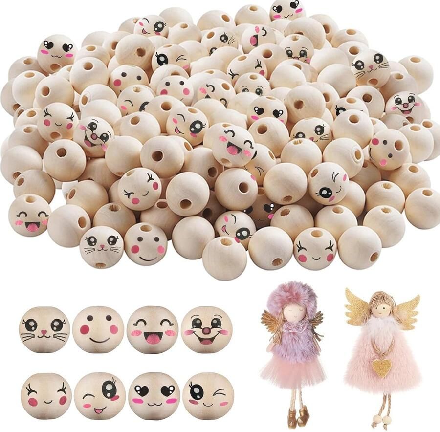 Natuurlijke Houten Kralen voor Knutselen 80 Stuks Glimlach gezicht ontwerp in 8 Stijlen Ideaal voor DIY Sieraden en Decoraties