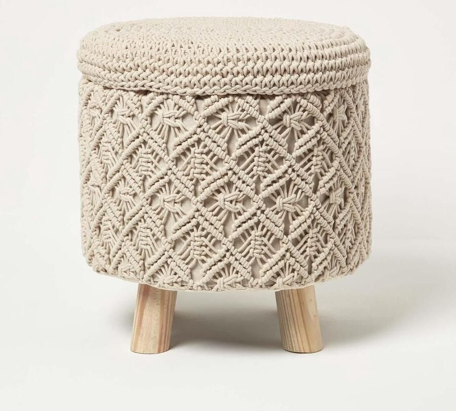 Natuurlijke macramé poef met opslag 43 cm hoog ronde voetenbank van 100% katoen