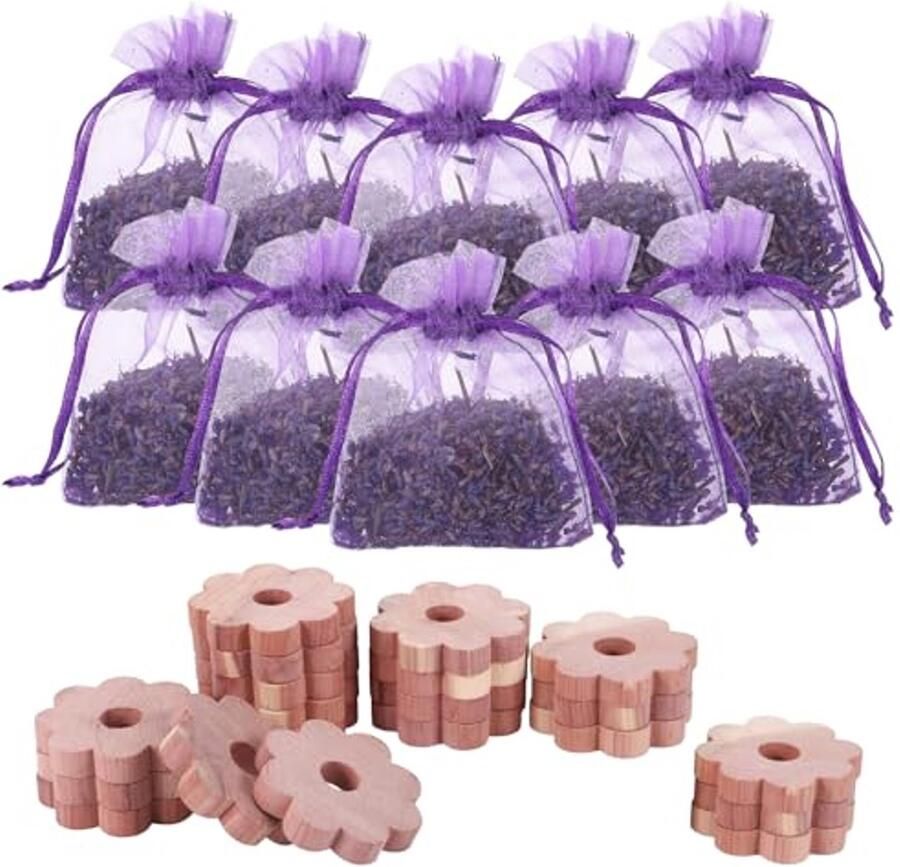 Natuurlijke Mottenbescherming Set met 20 Mottenringen en 10 Lavendelzakken voor Kledingkasten
