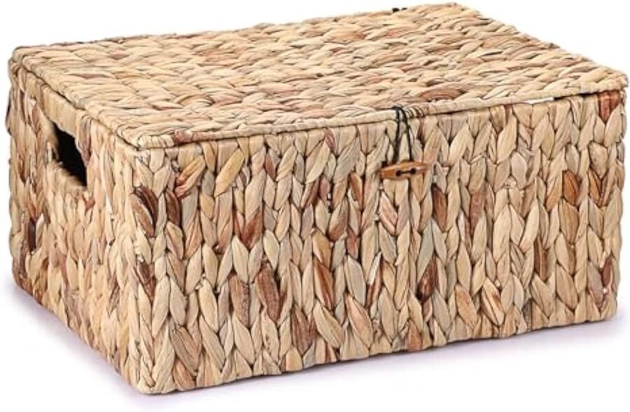 Natuurlijke opbergmand van waterhyacint zeegras geweven waterdichte opbergkist met deksel voor in de woonkamer keuken kledingkast voor kleding boeken groenten fruit cosmetica 40 x 28