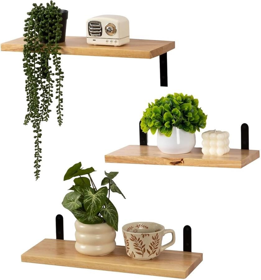 Natuurlijke wandplanken massief eiken set van 3 zwart