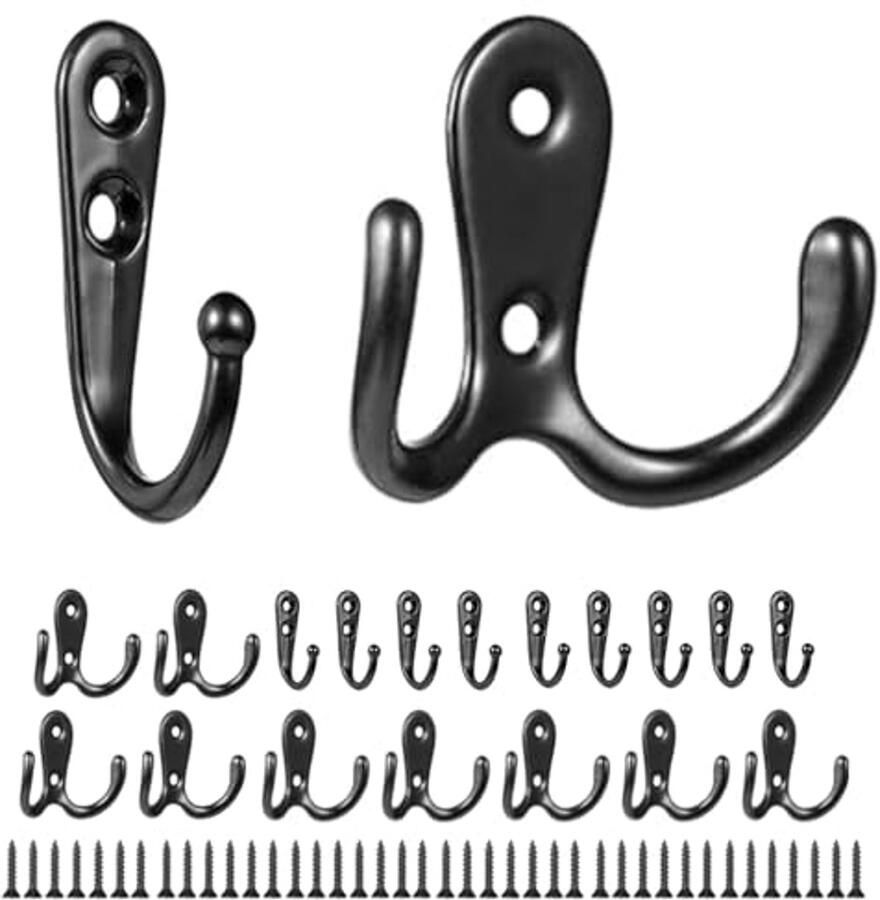 NBFBA Pak van 20 kapstokken 10 dubbele haken en 10 enkele haken met 40 schroeven voor kapstokken badkamer keuken
