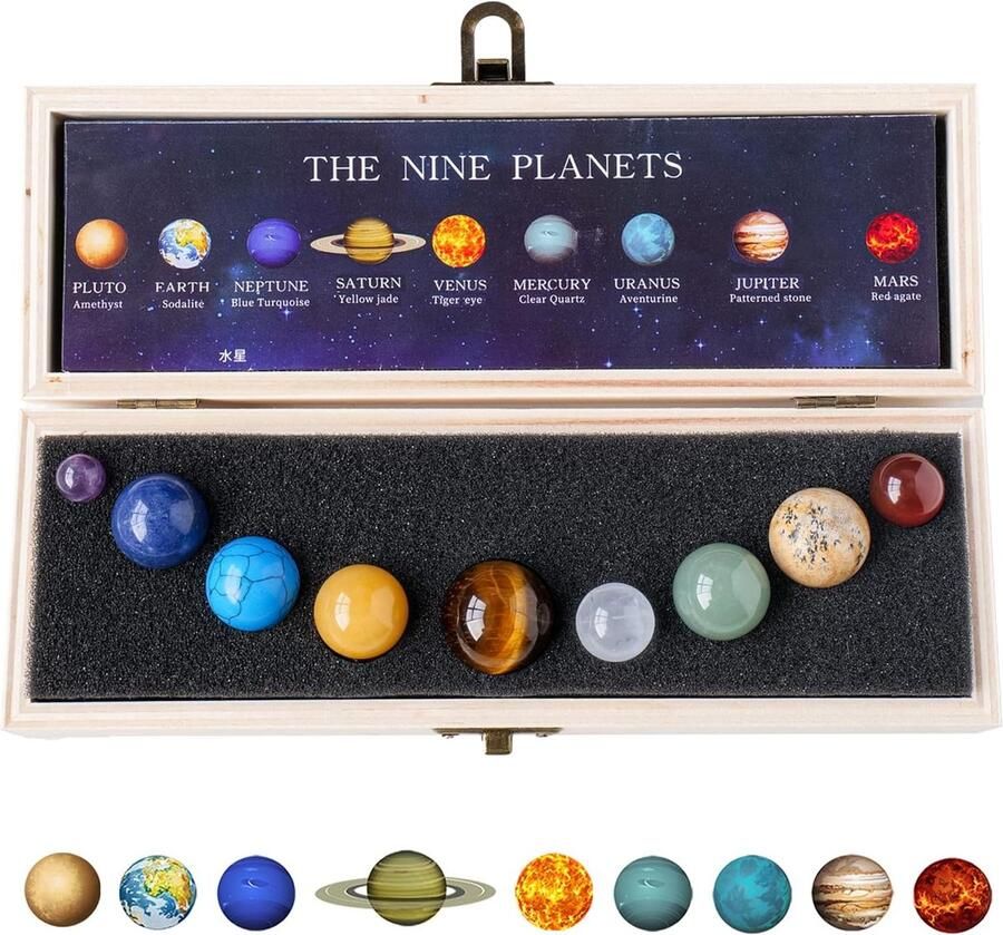 Negen Planeten Zonnestelsel Model Kristallen Bol Natuurlijke Kristal Edelsteen Marmer Ruimte Thuis Bureau Decoratie Exquise kristal Creatieve Geschenken Boxset Doordacht cadeau voor ruimteliefhebbers
