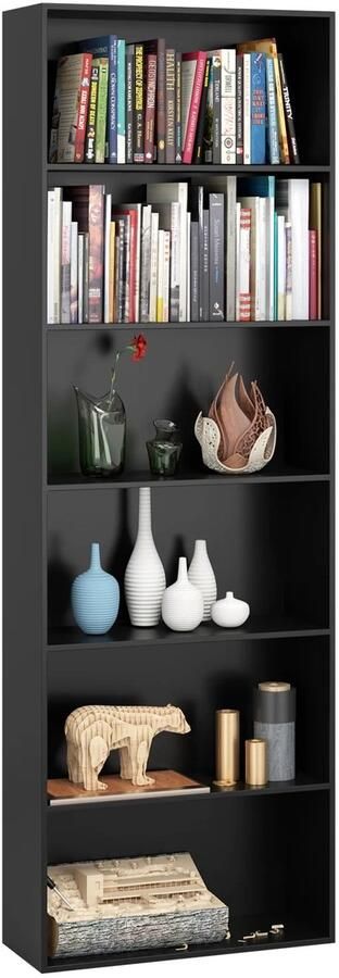 NELLA 6-Laags Boekenkast Moderne houten opbergrek Displayplank voor woonkamer keuken en kantoor 60×23 5×180 cm Zwart