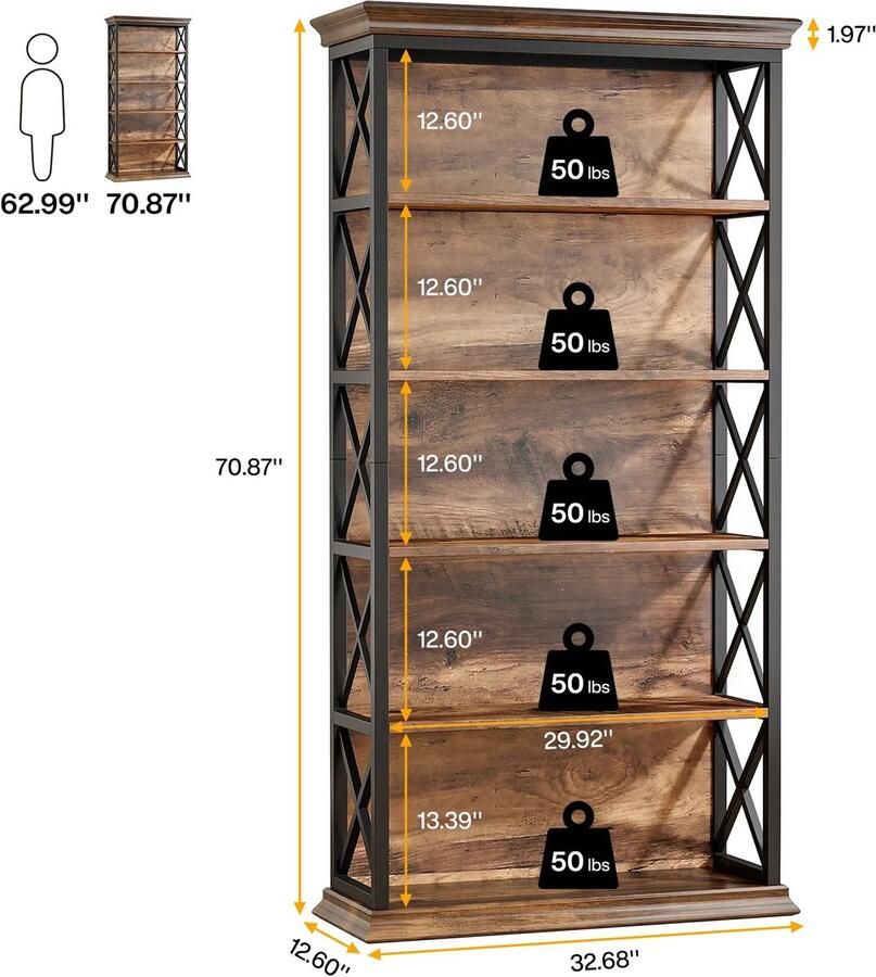 NELLA Industriële boekenkast met 5 legplanken Vloer staande boekenplank Hout en metaal 180 cm hoog