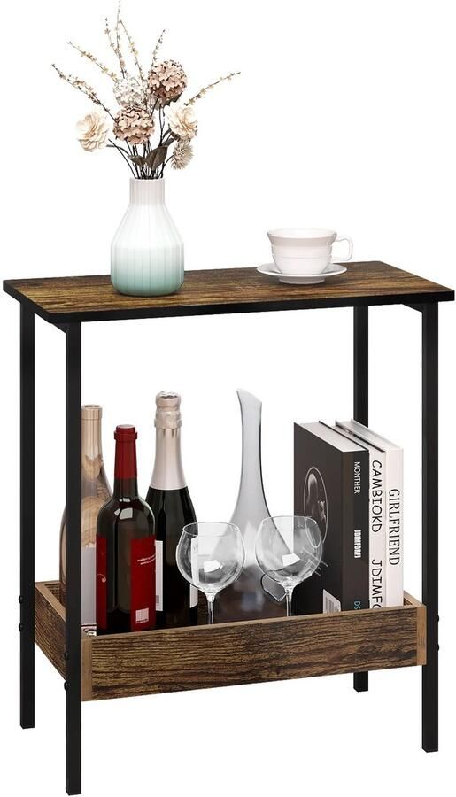 NELLA Salontafel met 2 planken Bijzettafel Bijzettafeltjes woonkamer Donker eiken met zwart metalen frame 50x55x25 cm