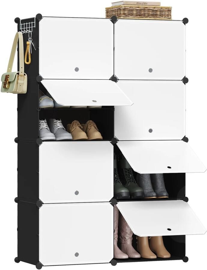 NELLA Schoenenkast Schoenenrek Kunststof 8 compartimenten voor 32 paar schoenen Deuren Zwart en Wit 36 5x94x144cm