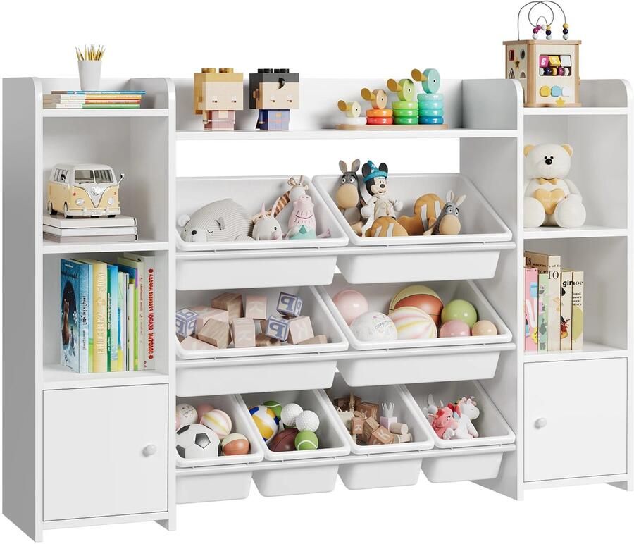 NELLA Speelgoedopbergruimte met 8 bakken en 9 planken Kinderboekenkast en speelgoed organizer Opbergkast 138×29×94 cm wit