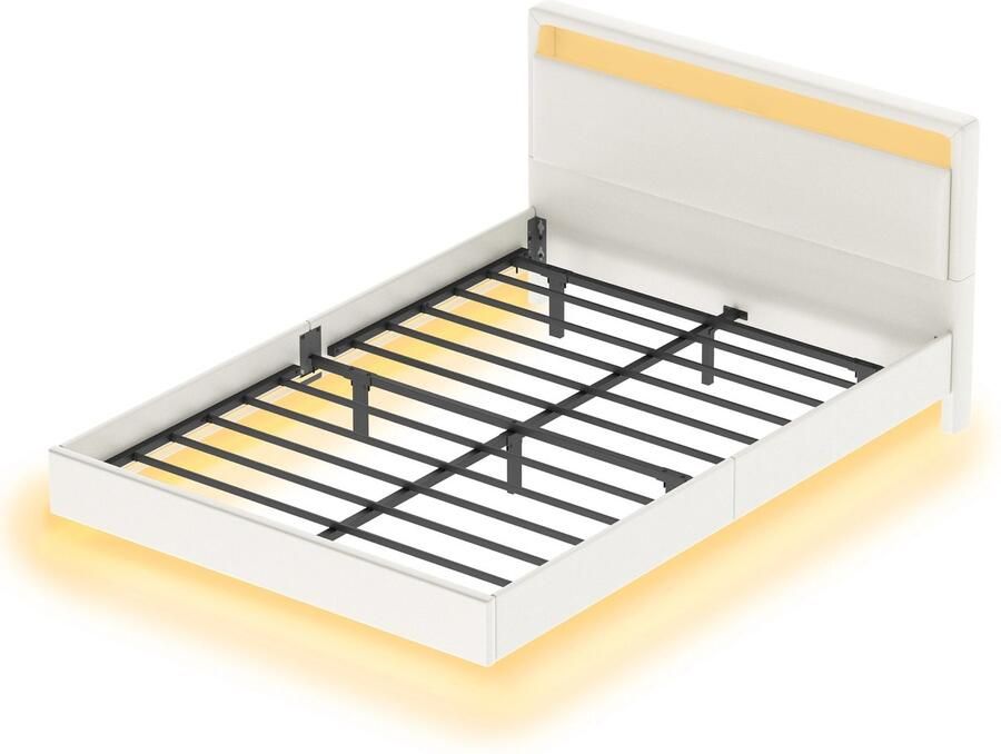 NELLA VASAGLE Bekleed Bedframe 140x200 cm – Zwevend Effect – LED Verlichting – USB & Type-C – Met Opbergruimte – Wit Kunstleer