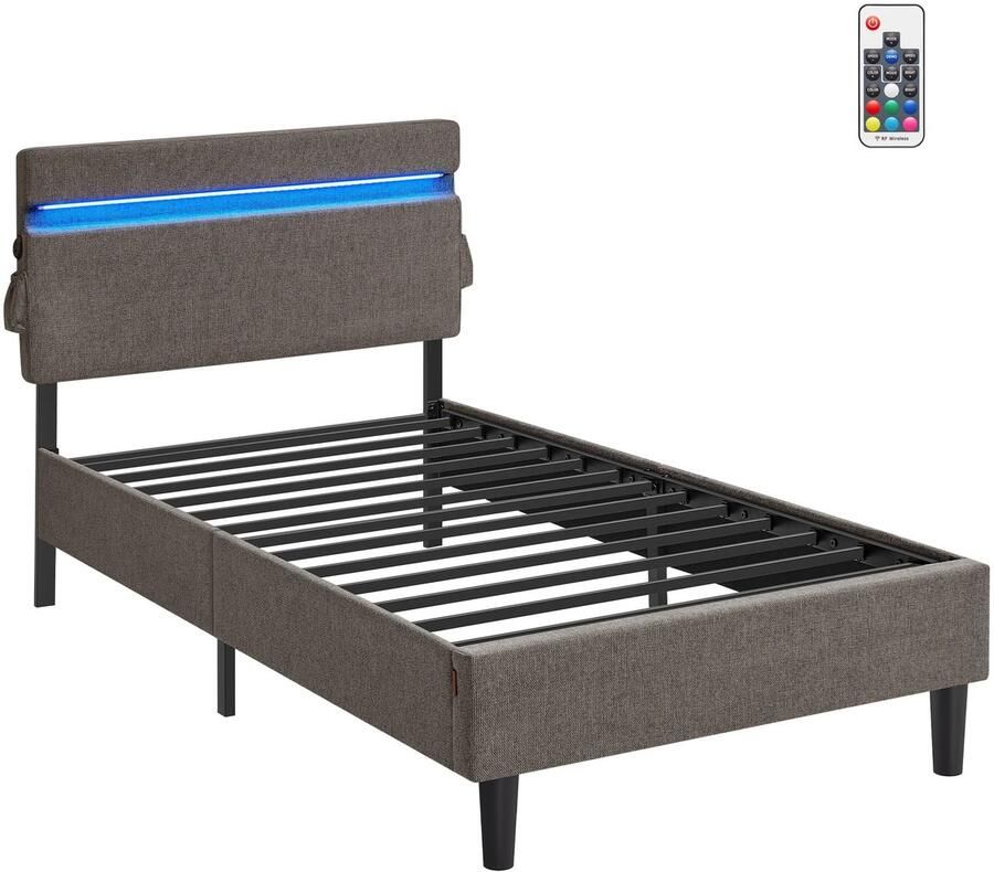 NELLA VASAGLE Gestoffeerd 90x200cm LED Hoofdbord met 25 Kleuren USB & Type-C Met Opbergruimte Donkergrijs tot 450Kg