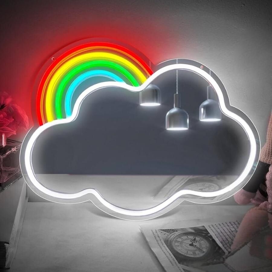 Spiegel Led Lamp – Wolk Regenboog – 35 x 45CM Dimbaar – USB A Verlichting – Incl. Ophangmateriaal Wandspiegel - Foto 2