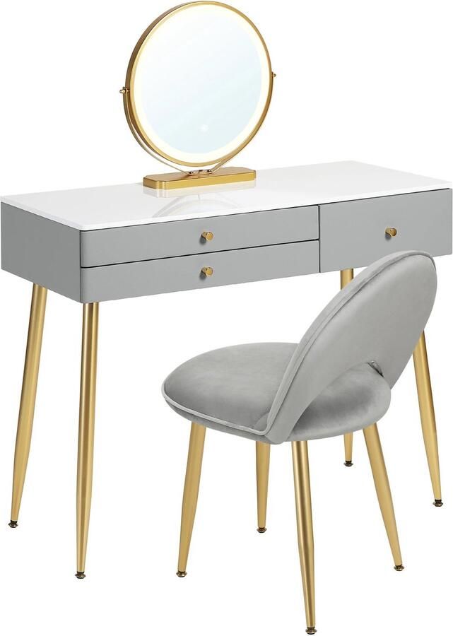 Néos Kaptafel met LED-spiegel & Velvet Kruk 3 Laden Grijs Hout 100x40x122cm