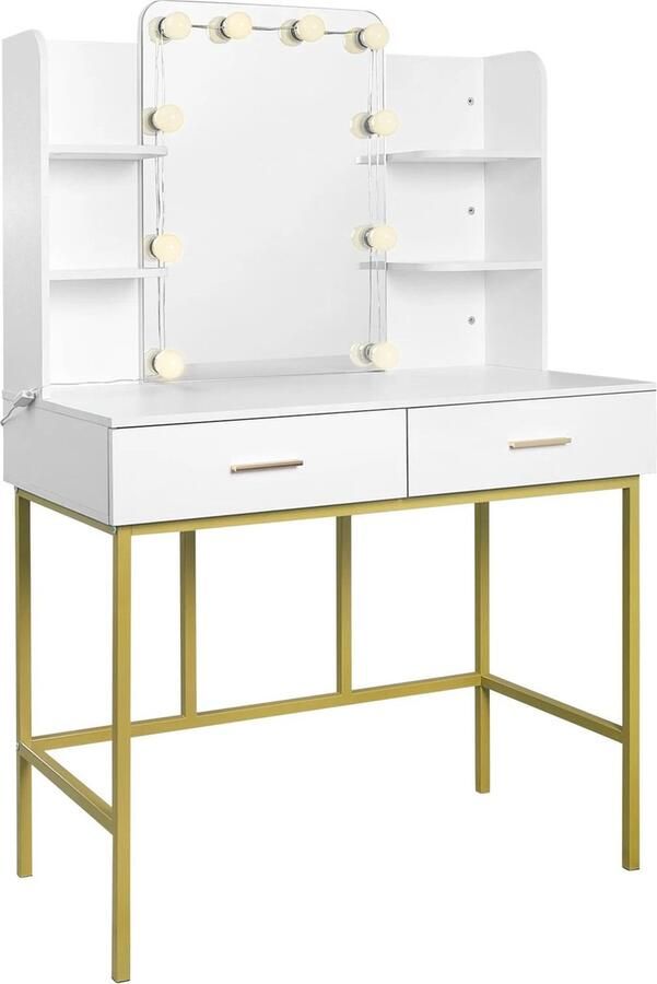 Néos Moderne Kaptafel met Spiegel en LED-verlichting 2 Laden Wit Goud Hout 90x45x136cm