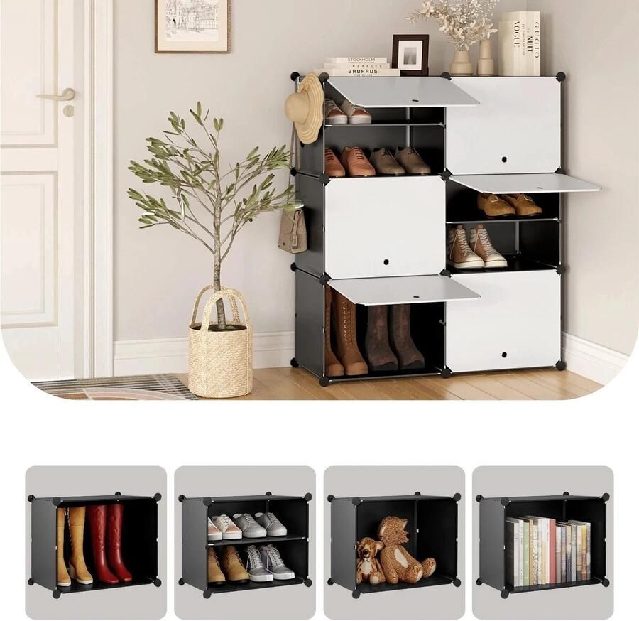 Néos Schoenenkast 6 Compartimenten Modulaire Plastic Zwart Wit 45x35x35cm