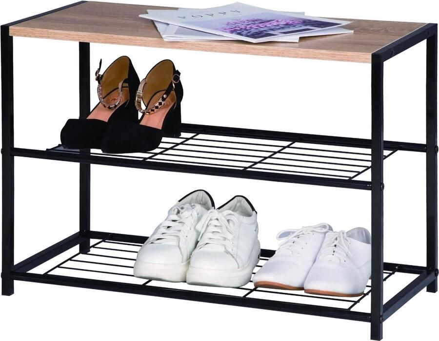 Néos Schoenenrek Opbergkast 2 Lagen MDF en Metaal Licht Eik Zwart 63x30x42cm - Foto 2