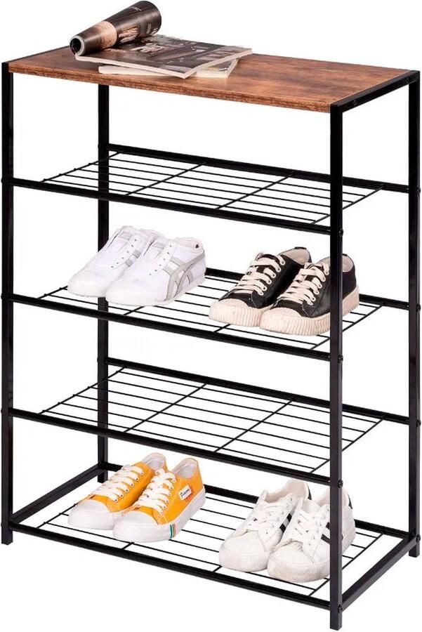 Néos Schoenenrek Schoenbank Opbergrek 5 lagen- Metaal en MDF Zwart en houtkleur 63x30x87cm