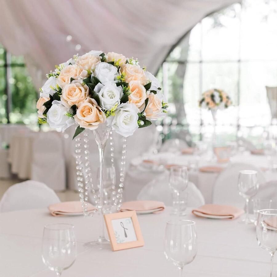 Nep Bloem Bal Tafel Centerpieces 2 Stuks Kunstbloemen Grote Champagne & Witte Roos Kussen Bal Arrangement Faux Zijde Bloemen Boeket voor Bruiloft Feest & Thuis 14.2