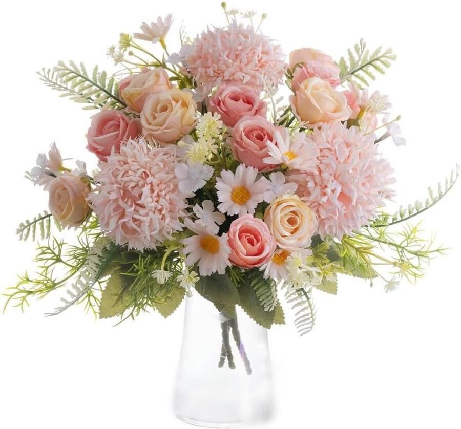 Kunstbloemen nep roos zijde hortensia boeket decor zonnebloemen bruiloft decoratie tafel centerpieces 3 verpakkingen (roze) kunstboeket