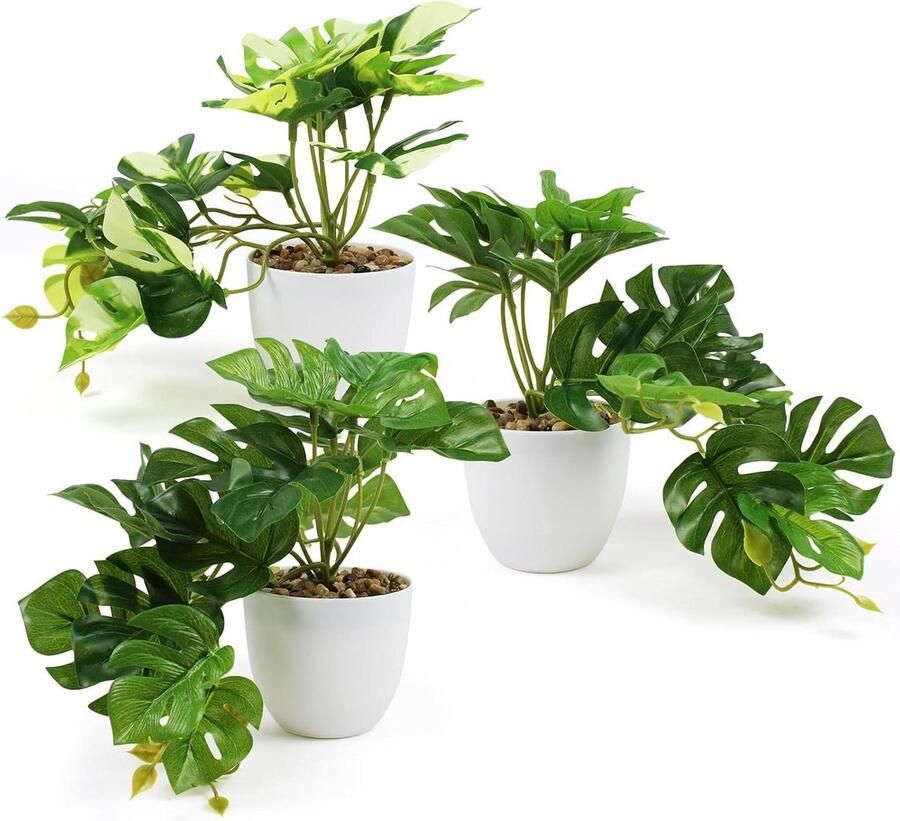 Nepplanten Monstera 3 stuks zeer realistisch met pot voor binnen en buiten geschikt voor keuken kantoor bureau decoratie