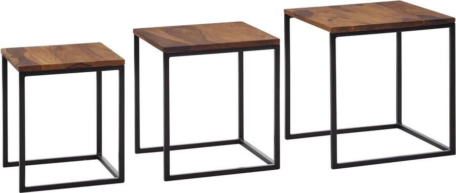 Rootz Living Rootz Nesting Tables Set van 3 vierkante moderne bijzettafels Design salontafel ruimtebesparende woonkamertafels Sheesham hout en metaal