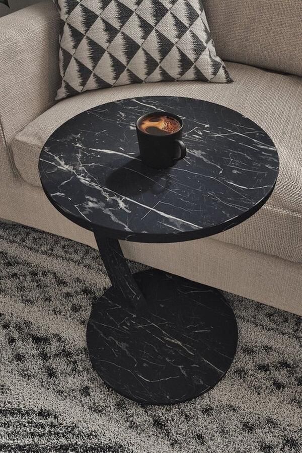 Nestly Bijzettafel Salontafel Wiel C Tafel Banktafel Nesttafel Servicetafel Mdf Zwart en Marmer