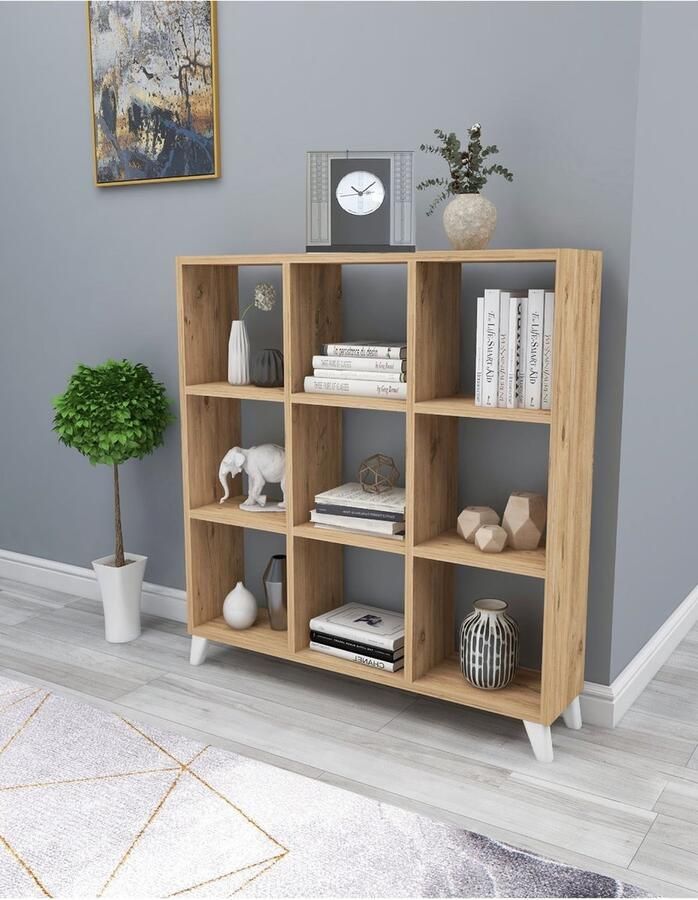 Nestly Boekenkast met Planken Vierkante Boekenkast Bibliotheek Kubus Boekenkast 9 Vakken Pijnboom