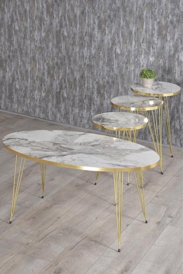 Nestly Salontafel Set Marmeren look Set van 4 Wit Luxe design Marmer Bijzettafel Sofa Tafel Ovaal Woonkamer Tafel Salon tafel Bijzettafel en Salontafel Elips Set Goud Efes