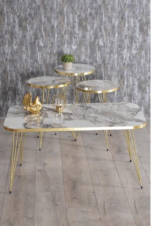 Nestly Salontafel Set Wit Marmeren Look Set van 4 Wit en Marmer Luxe Design Bijzettafel Sofa tafel Ovaal Woonkamer Tafel Salon Tafel Bijzettafel en salontafel Kr Set Goud Efes