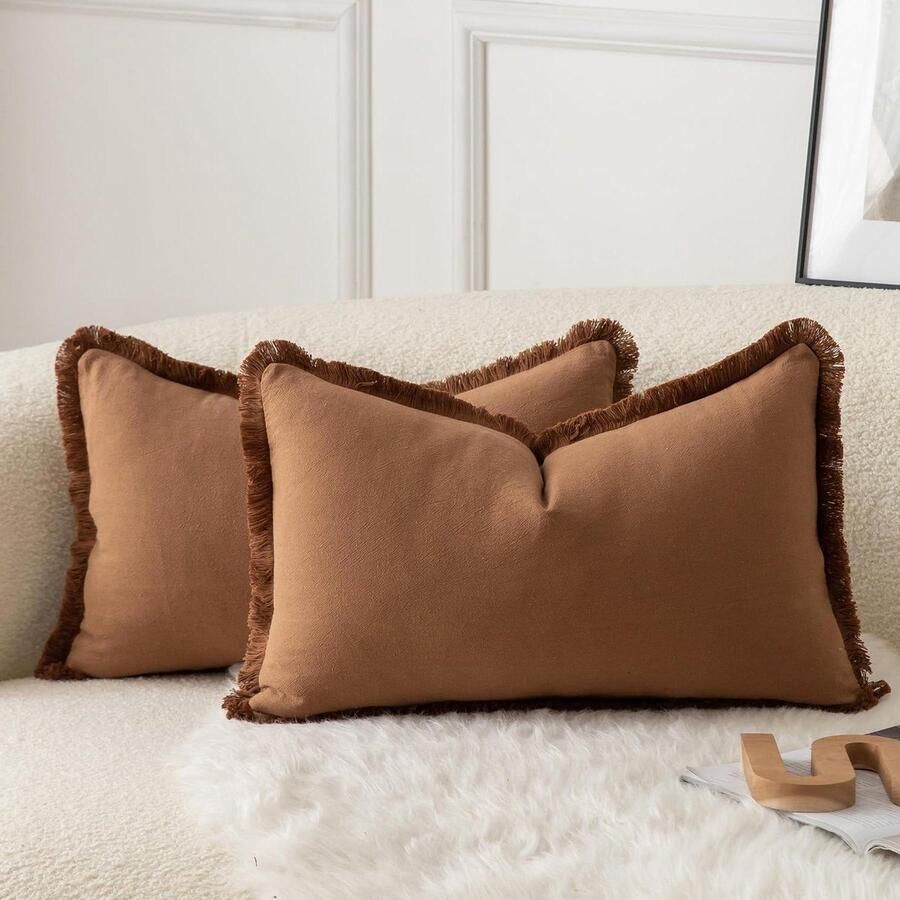 Neutrale katoenen kwastjes kussenslopen set van 2 30 x 50 cm decoratieve sierkussens boho bankkussen kussenhoes voor bank slaapkamer woonkamer woondecoratie bruin kussensloop 30x50
