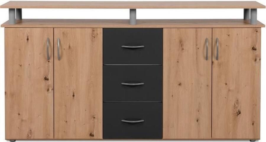 Merkloos NEVADA dressoir Artisanaal eiken en antraciet decor 4 deuren 3 lades L 155 x H 83 x D 35 cm