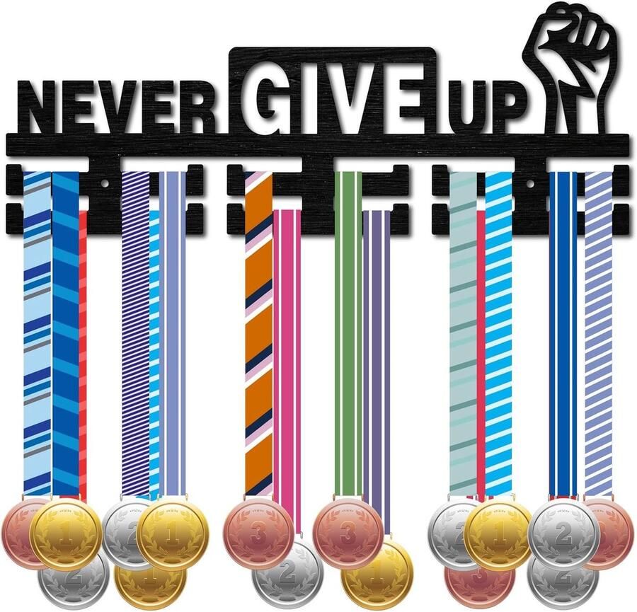 Never Give Up Medal Holder Hanger Medal Display Rack Award Ribbon Organizer Wooden Sport Medal Stand Frame Shelf Hanging Medals Wall Mounted Plaques Hanger voor Athleten 15.7 x