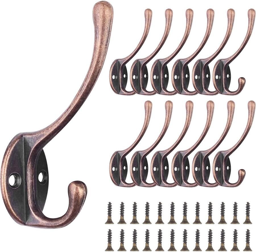 Newaner 12-pack kapstokhaken vintage kapstokhaken zwanenhalshaken metalen wandhaken met 24 schroeven voor slaapkamer jas hoed haken badkamer keuken (roodbrons)