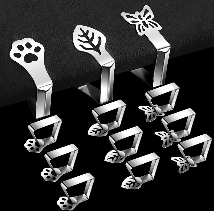 Newofview 12-pack tafelkleedklemmen roestvrijstalen tafelkleedklemmen tafelklemmen tafelkleedhouder voor dikke tafelbladen tuintafels restauranttafels en kampeertafels (3 patronen)