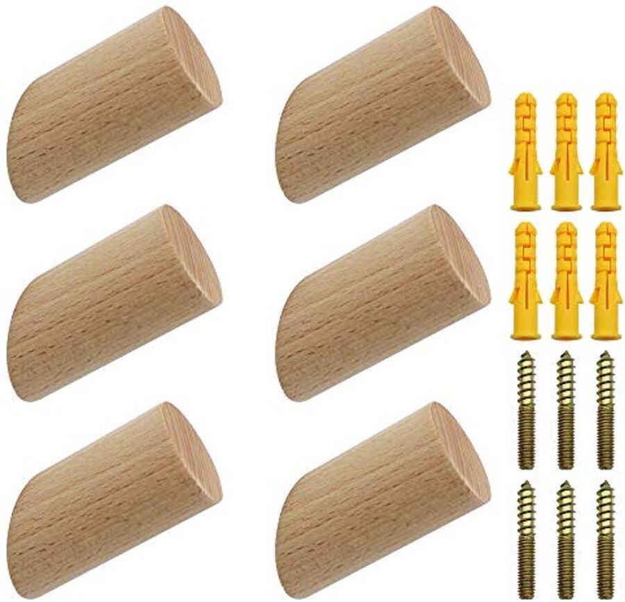 NewZC Set van 6 ronde houten kapstokken naturel houten wandhaken 3 x 6 cm beukenhaken 45° haken hangers voor kleding badhanddoeken jassen sjaals hoeden tassen maximale belasting 15 kg houtkleurige kapstokhaak