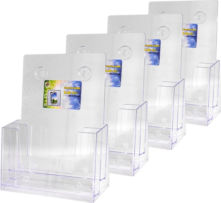 Nickiksty 4-delige wandbrochurehouder A5 van transparant kunststof 2-laags brochurehouder voor aan de muur of op het bureau voor brochures ansichtkaarten flyers menu's en brochures