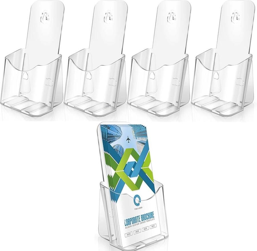 Nickiksty 4-delige wandbrochurehouder A5 van transparant kunststof brochurehouder voor aan de muur of op het bureau voor brochures ansichtkaarten flyers menu's & brochures