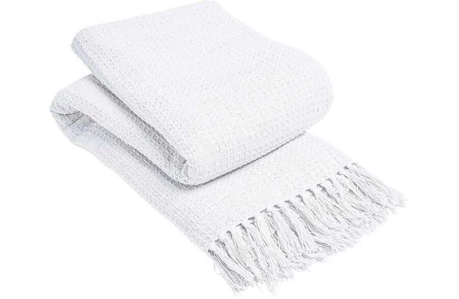 Nieuwe Lissabon 100% katoen gooit wafelstijl luxe super zachte warme gezellige slaapbank bank stoel reisdekens (single 178 x 254 cm wit)