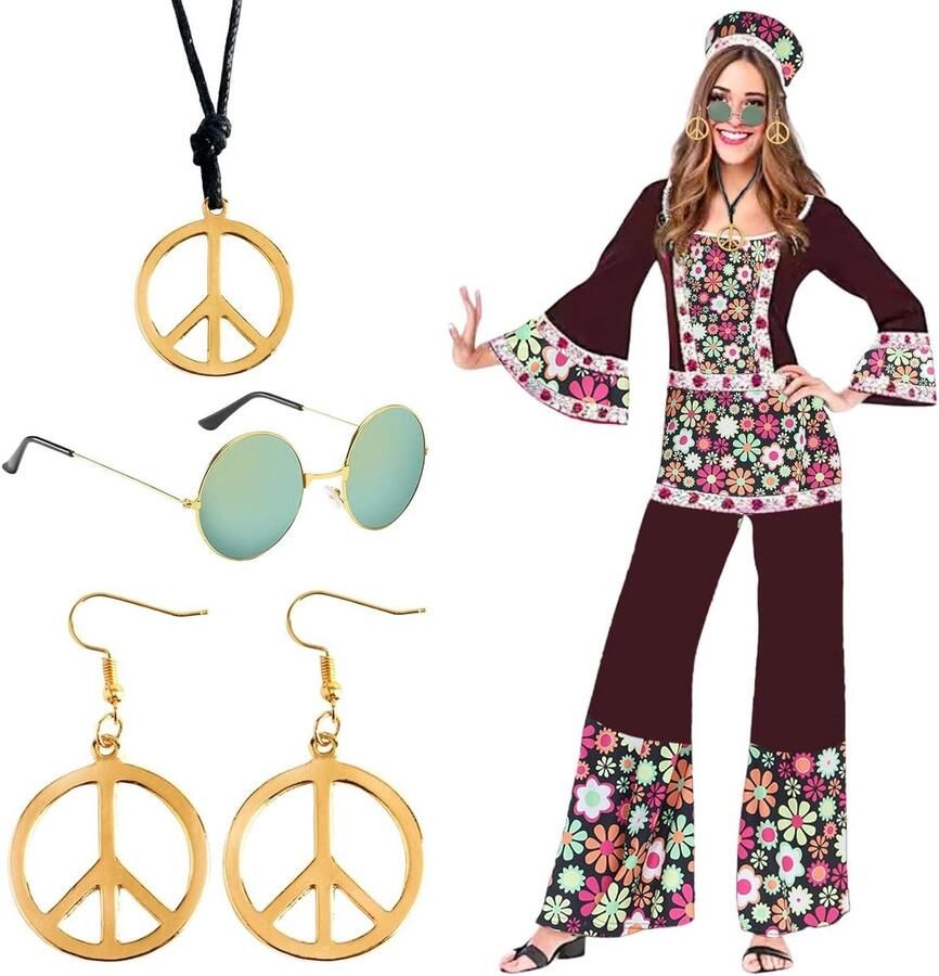 Nieuwe titel: Hippiekostuum voor dames set van jaren 60 en 70 met accessoires XXL