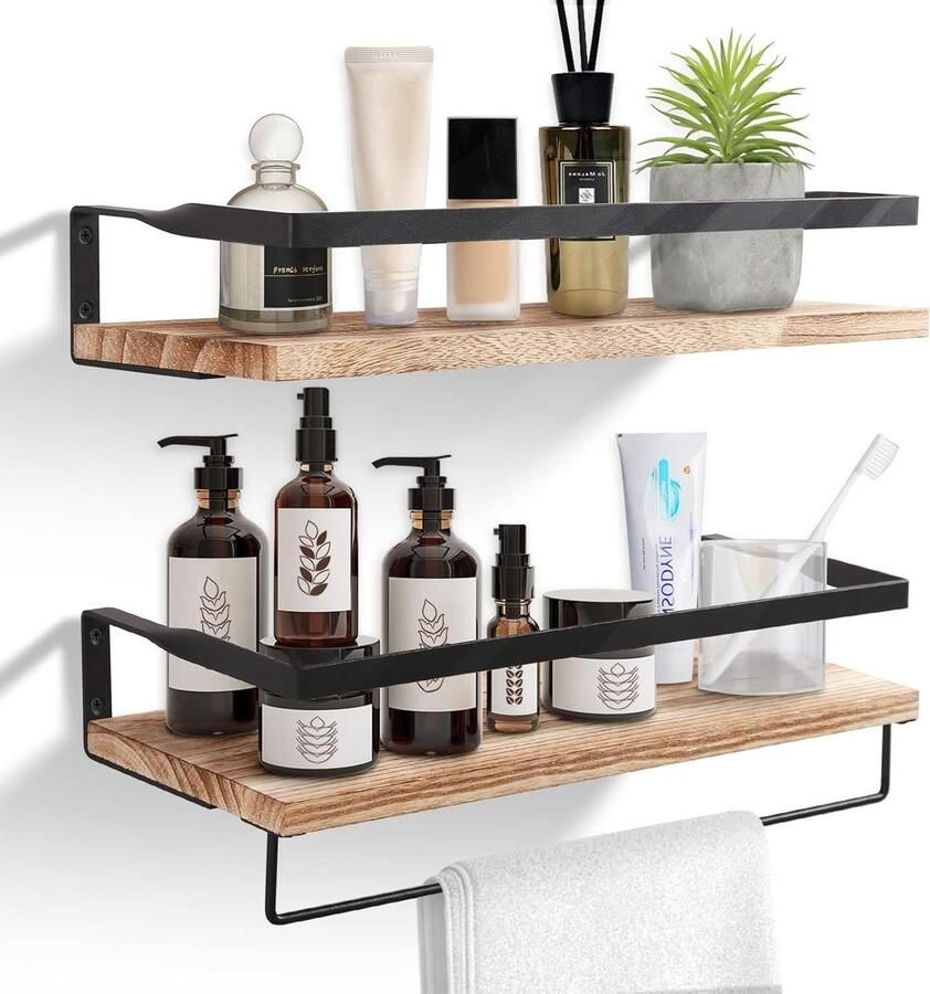 Nieuwe titel: Houten wandrek set van 2 met handdoekhouder zwevende planken voor wandopslag in ruimtes