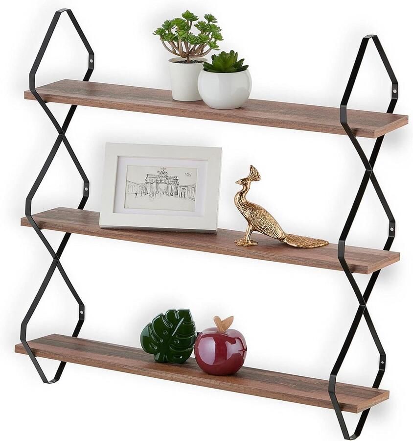 Nieuwe titel: Industrieel Wandrek met 3 Planken HxBxD: 60 x 60 x 185 cm Muurrek voor Keuken van MDF & Metaal in Bruin Zwart