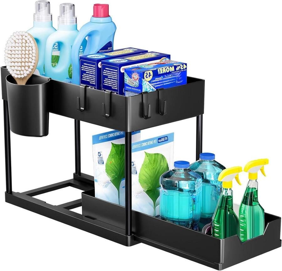 Nieuwe titel: Opbergrek voor onder de gootsteen 2 niveaus met uitschuiflade multifunctioneel voor keuken badkamer wasruimte (zwart)