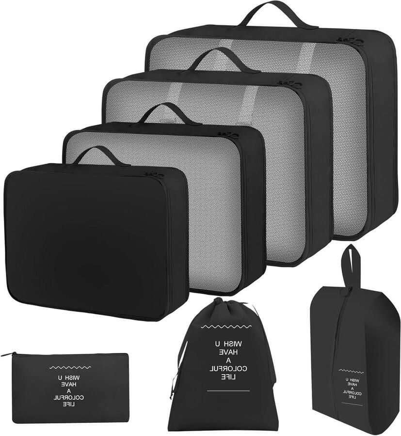 Nieuwe titel: Pack of 7 Suitcase Organiser Packing Cubes Waterproof Travel Bags Storage for Clothes Underwear Shoes and Cosmetics (Black)