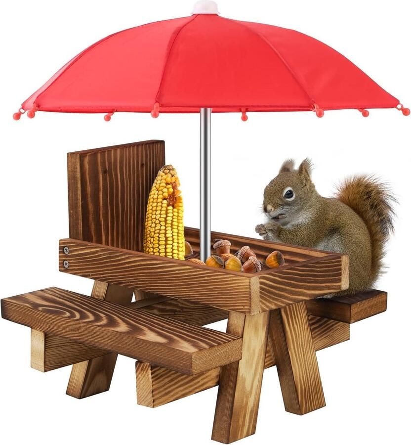Nieuwe titel: Tafel Met Paraplu Houten Picknicktafel Voldaan Duurzame Maïskolf Houder Tuinornamenten for Eekhoorn Chipmunk Wildvogel Feeder