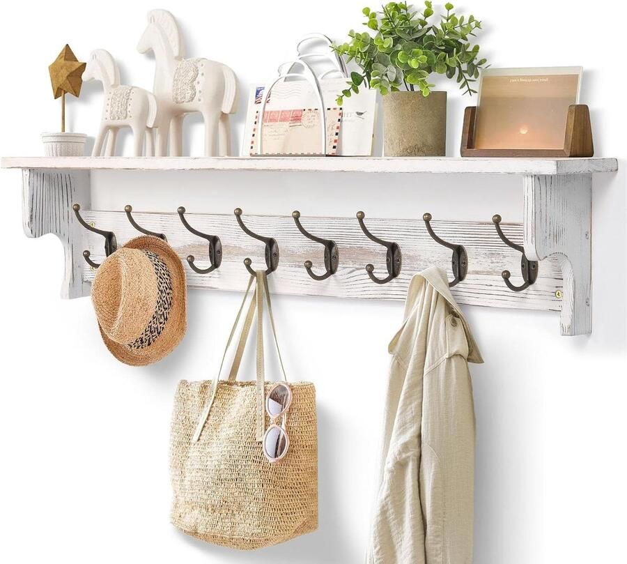 Nieuwe titel: Wandgarderobe met plank Massief houten kapstok met 8 kledinghaken sleutelrek en kledinghaken voor hal slaapkamer badkamer 91 cm