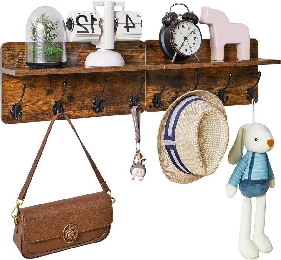 Wall Mounted Wooden Coat Hooks Set of 2 Entrance Coat Rack with 8 Hooks 80cm Floating Shelves Key Holder for Kitchen Bathroom Living Room Rustic Brown HWS006H-2