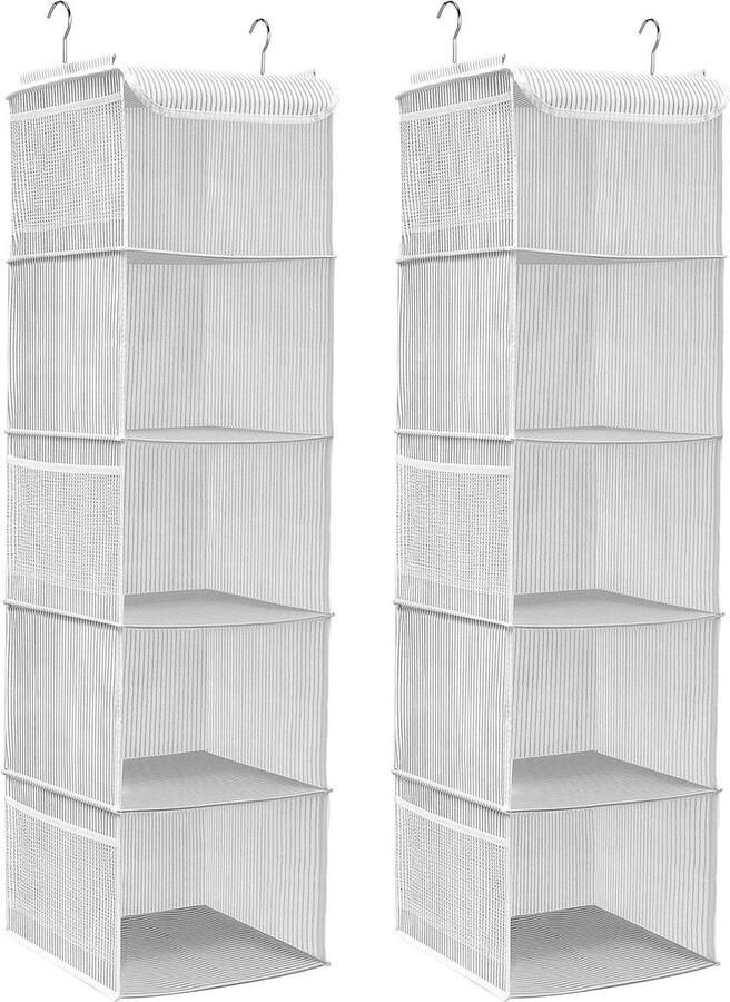 Nieuwe titel:Hangende garderobe organizer set van 2 5 compartimenten met 6 zijvakken van gaas 2 haken 30 x 30 x 108 cm Streep