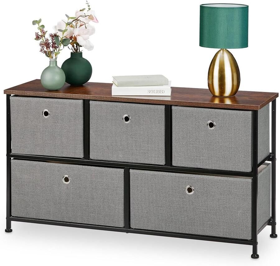 Nieuwe titel:HBD 54.5 x 100 x 30 cm Sideboard Fabric & Steel 5 Drawers Industrial Hallway Cabinet Bedroom Grey Brown