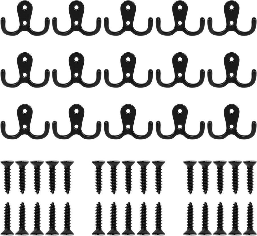 Nieuwe titel:Set van 15 dubbele vintage metalen wandhaken met 30 schroeven ideaal voor kapstokken badkamers en keukens