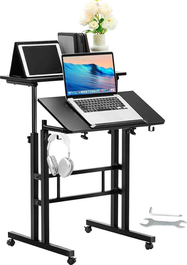 Nique Bureau Zit sta bureau In hoogte verstelbaar Laptoptafel Gasveer systeem Ergonomisch Op wielen met slot Kantelbaar blad- Zwart