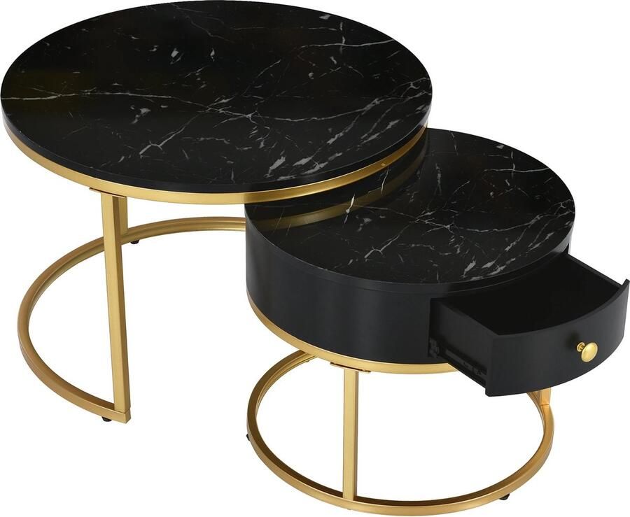 Nique Moderne salontafel set van 2 Woonkamer balkon kantoor Ronde hout accent salontafels met lade- Goud stevig metalen frame Eenvoudige montage MDF -Marmer Zwart met goud -70cm en 50cm